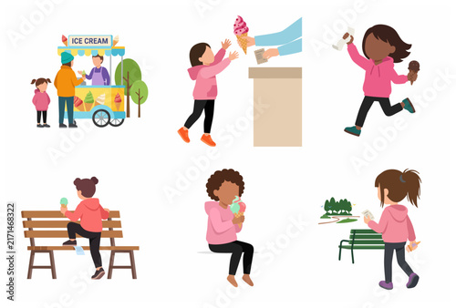 Set of Cute Children Buying and Eating Ice Cream in a Park Vector Illustrations