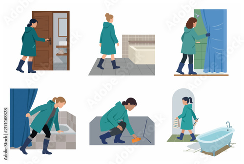 Collection of female professional inspectors in raincoats checking bathrooms for leaks, mold, and water damage, flat vector illustration character set for home maintenance services.