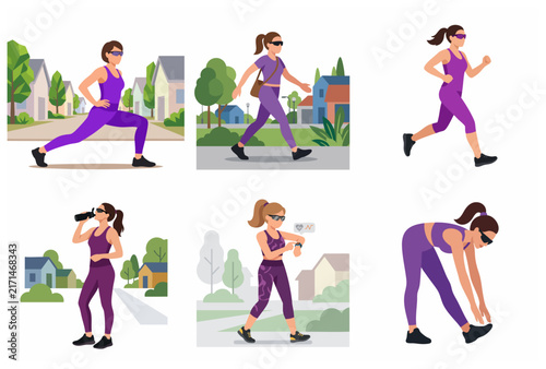 Set of flat vector illustrations of a woman in purple sportswear exercising outdoors, featuring running, stretching, walking, and using a fitness tracker for a healthy lifestyle.