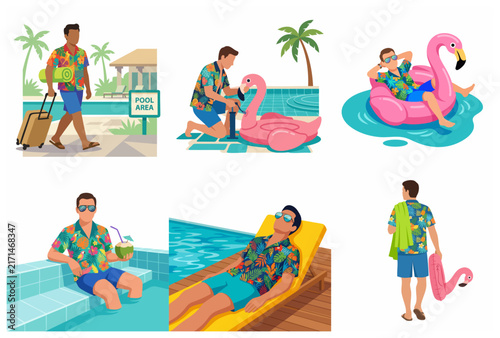 Set of flat illustrations of a man enjoying a summer vacation at a tropical resort, featuring pool activities, relaxing on flamingo float, sunbathing, and arriving at the hotel.