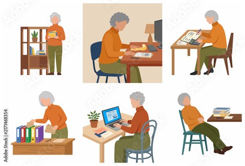 Flat vector illustration set of a senior woman managing finances, paying bills, and organizing paperwork at home