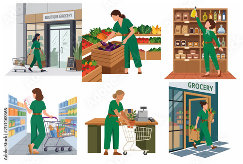 Woman Shopping for Fresh Organic Food at Boutique Grocery Store Vector Illustration Set
