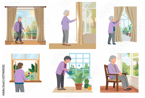 Senior woman daily life activities at home set, elderly lady opening curtains, watering plants, and sitting by the window, flat vector illustration.