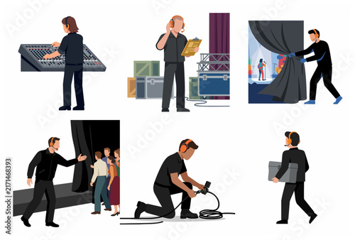 Set of stage crew and event production staff characters working backstage during a concert or show illustration