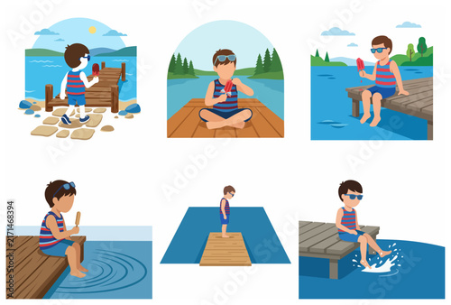 Flat Vector Illustration Set of a Boy Enjoying Summer Vacation Activities on a Wooden Dock by the Lake