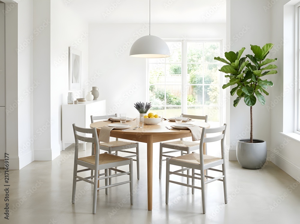 Fototapeta premium Modern minimalist dining room with round wooden table and white chairs