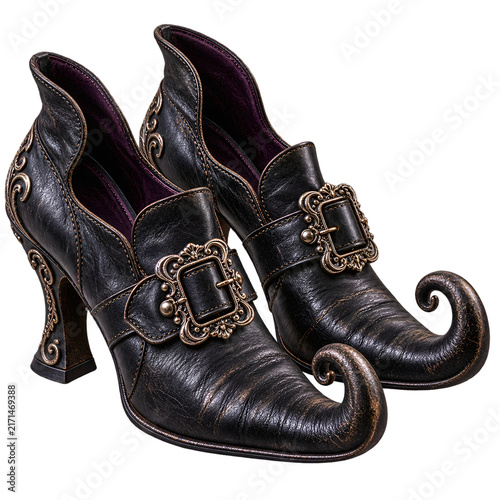 Halloween witch shoes with curled toes and ornate buckles  