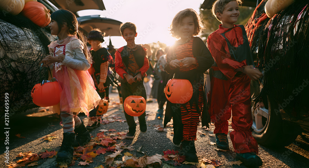 Obraz premium At the fall festival, kids dressed as costumes participated in a trunk or treat event, which was a fun autumn party