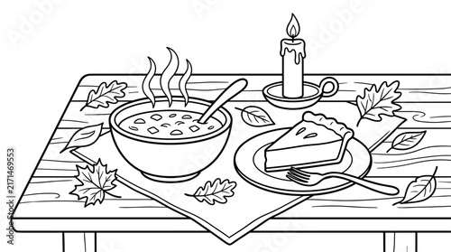 Steaming soup, pie slice, and lit candle on a wooden table with fall leaves, cozy autumn meal illustration