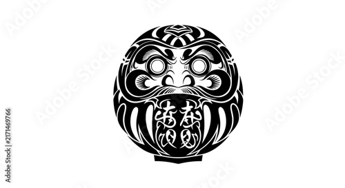 Intricate black and white illustration of a traditional Japanese Daruma doll with stylized patterns and kanji characters.