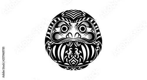 Intricate black and white illustration of a traditional Japanese Daruma doll with detailed facial features and ornamental patterns.