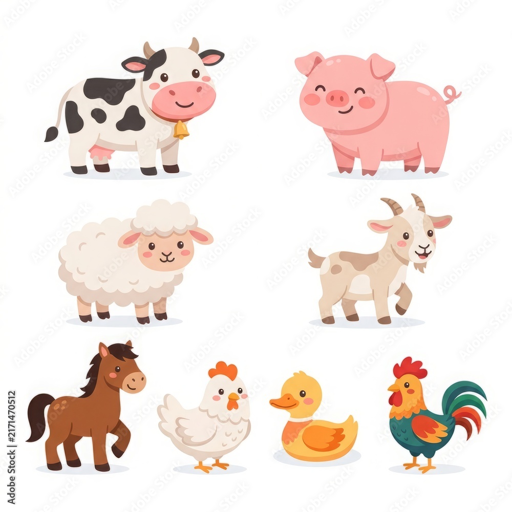 Fototapeta premium Farm Animal Vector Collection with Cow Pig Sheep Goat Horse Chicken Duck and Rooster Characters