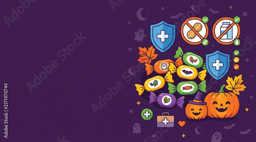 Halloween candy icons and symbols representing healthy choices and allergy safety with pumpkins and autumn leaves