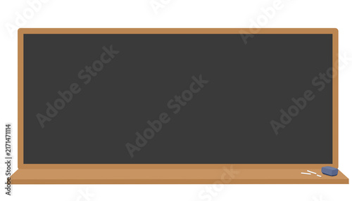 Blank black chalkboard with wooden frame and chalk accessories for classroom educational presentation graphic
