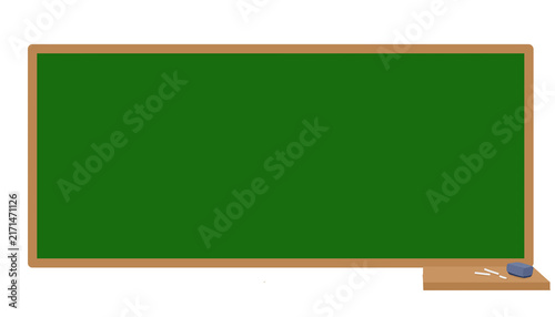 Blank green chalkboard with wooden frame and eraser accessory for school educational presentation design
