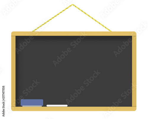 Hanging black chalkboard with wooden frame and hanging rope for educational menu message board design
