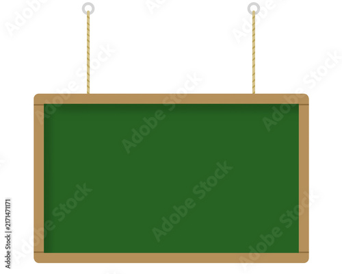 Hanging green chalkboard with wooden frame and hanging rope for school classroom presentation notice board