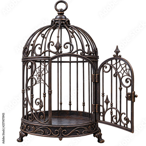 Ornate empty birdcage with open door isolated on white, Halloween  
