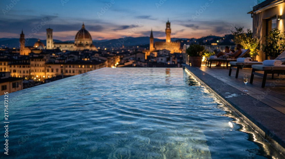 Fototapeta premium Luxury Rooftop Infinity Pool Overlooking Florence Skyline at Sunset