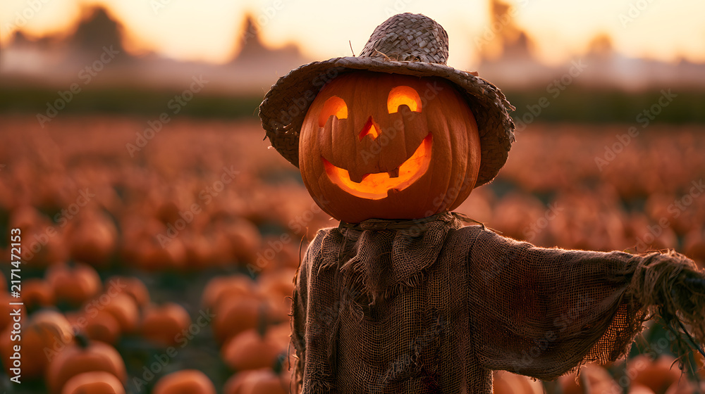 Fototapeta premium A humorous scarecrow, featuring a carved pumpkin with a smile on its head, is placed amidst a field of orange pumpkins. This creates a festive autumn atmosphere. It's Halloween at the pumpkin patch.