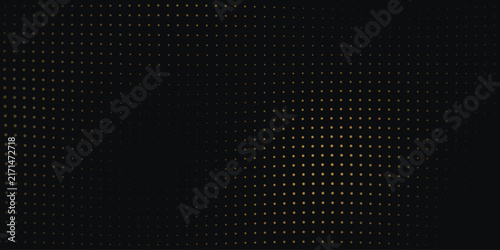 Abstract gold halftone pattern on black background. Luxury metallic dot gradient texture. Elegant golden geometric wallpaper for premium branding.