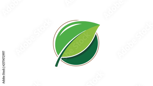 A vibrant green leaf is depicted within a circular emblem, symbolizing nature and growth.