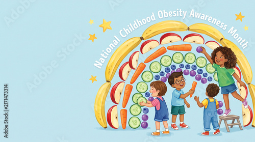 National Childhood Obesity Awareness Month banner with children building a colorful fruit and vegetable rainbow, healthy nutrition illustration with copy space