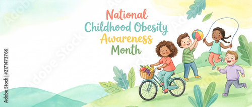 National Childhood Obesity Awareness Month banner with happy children cycling, running and jumping outdoors, watercolor and gouache illustration with copy space