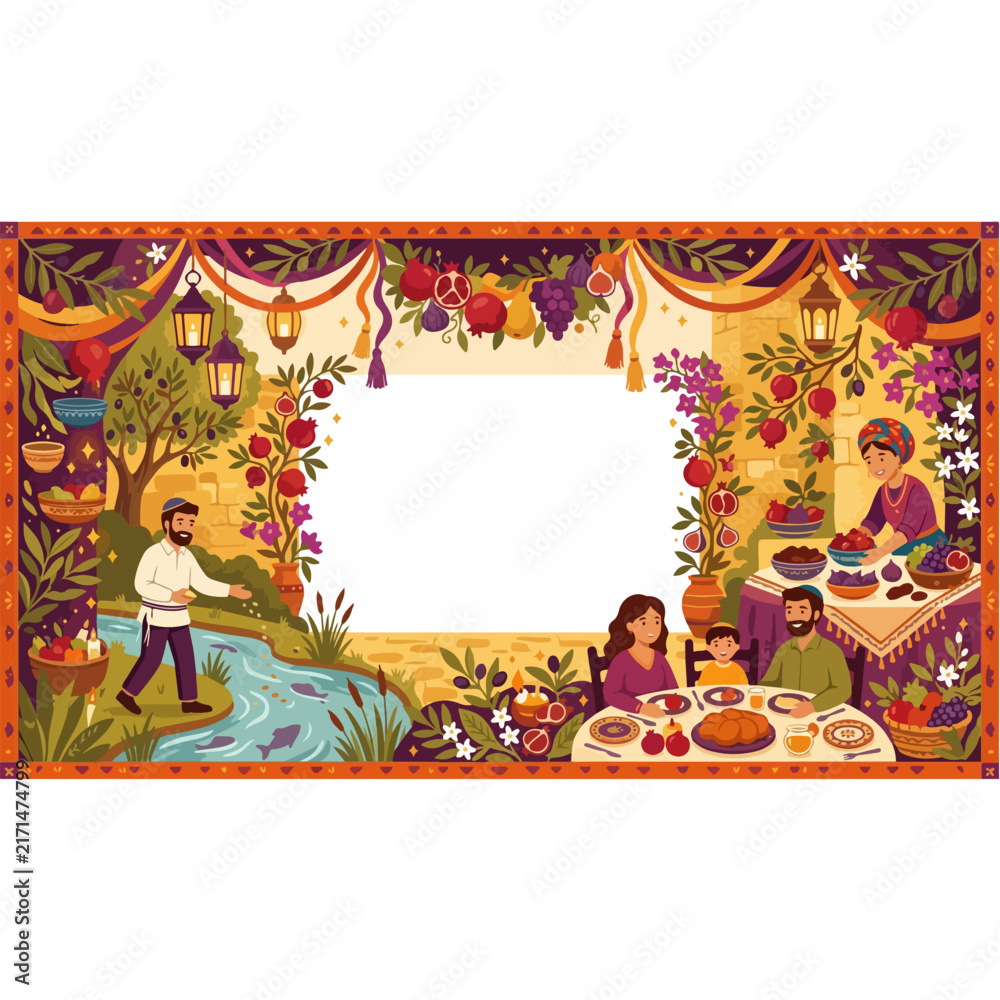 Fototapeta premium Rosh Hashanah Jewish New Year Celebration Frame with Tashlich Ceremony Family Dinner Pomegranates and Decorative Border