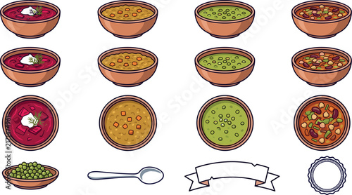 Gourmet Homemade Soup Variety Vector Icon Sheet Featuring Bowls of Borscht, Lentil, Green Pea, and Minestrone Stew with Menu Ribbon Banners