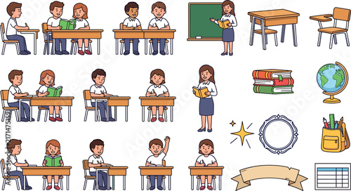 Elementary School Classroom Scene Vector Asset Sheet Featuring Diverse Students at Desks, Female Teacher at Blackboard, Furniture, Books, and Schoolbag Icons
