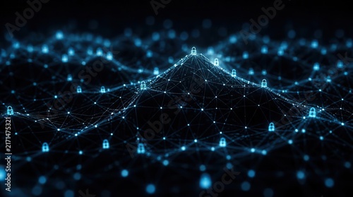 Intricate luminous glowing network of interconnected data points and glowing digital security padlocks forming an abstract undulating surface representing secure global communication