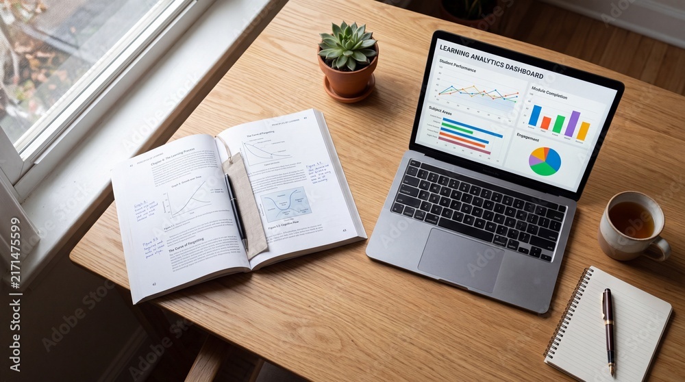 Obraz premium Laptop displaying modern analytics on a digital learning platform sits on a wooden desk next to an open textbook. Workspace set up for online education distance study.