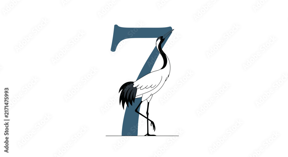 Naklejka premium Red-crowned crane bird standing in front of a large number 7, minimalist graphic design