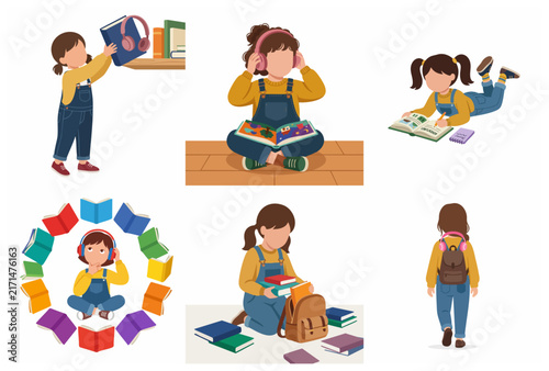 Collection of Little Girl Characters Reading Books, Listening to Audiobooks and Getting Ready for School