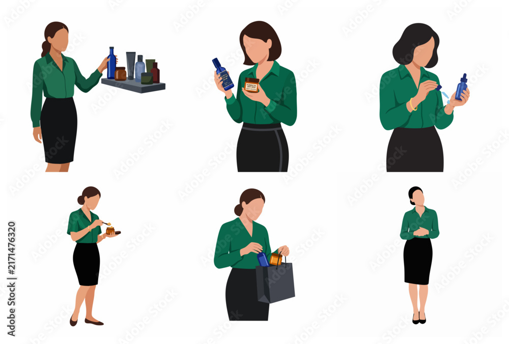 Obraz premium Flat vector illustrations of a woman in business attire shopping for and using various skincare and cosmetic products like serums and creams