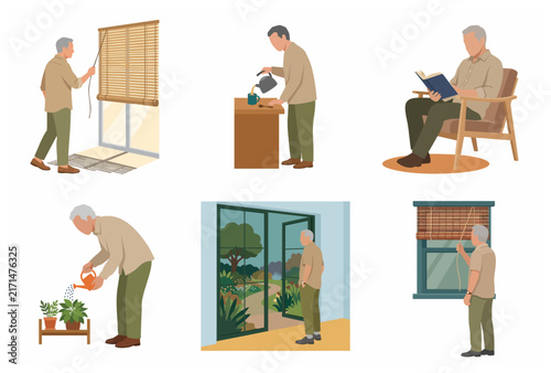 Elderly senior man daily life routine and home activities set, flat vector illustration