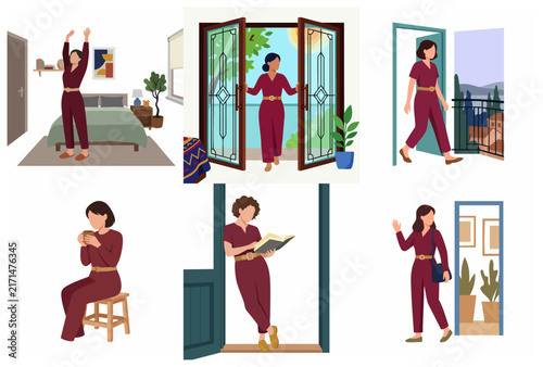 Daily morning routine lifestyle illustration set featuring a woman waking up, stretching, drinking coffee, reading, and leaving home in a flat vector design.