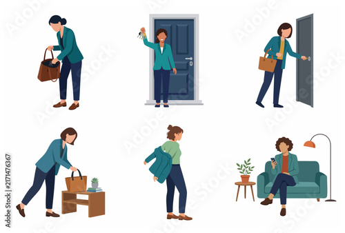 Set of Flat Vector Illustrations Showing a Businesswoman's Routine Arriving Home and Relaxing