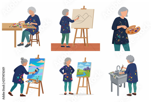Set of flat vector illustrations featuring a senior woman artist painting, mixing colors, and enjoying her creative hobby in various poses