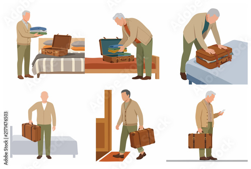 Senior Man Packing Suitcase and Preparing for Travel Set, Flat Vector Illustration of Elderly Person Going on a Journey