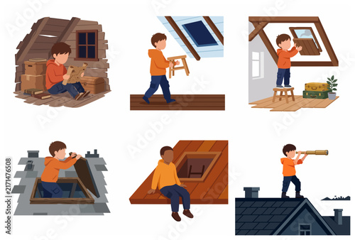 Boy's attic adventure set featuring child exploring, looking at treasure map, climbing skylight, and using telescope on the roof
