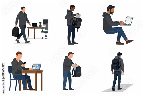Flat Vector Illustration Set of Young Men Working on Laptops and Commuting with Backpacks