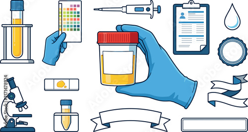 Flat medical urinalysis laboratory vector icon set featuring gloved hand holding urine specimen cup test tube microscope and blank banner labels