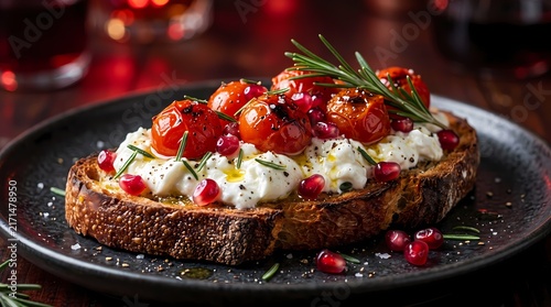 Gourmet Toasted Sourdough Bread Topped with Creamy Ricotta Cheese Roasted Cherry Tomatoes and Fresh Pomegranate Seeds for a Delicious Appetizer