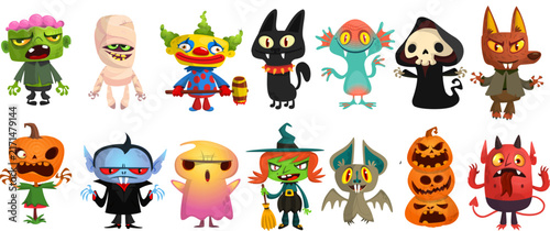 Cartoon collection set all Halloween monsters vampire witch mummy isolated character design