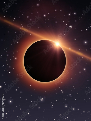 Canvas Print Dramatic solar eclipse glowing with fiery corona, brilliant stars, atmospheric lens flare, deep space background, and expansive celestial copy space