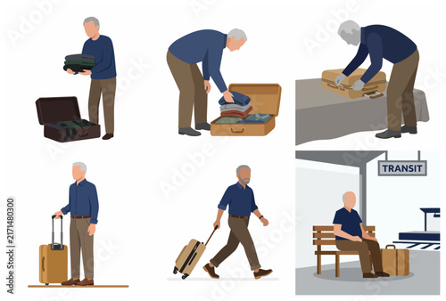 Senior Man Preparing for a Journey: Packing Suitcase, Walking, and Waiting at Transit Station Flat Illustration Set