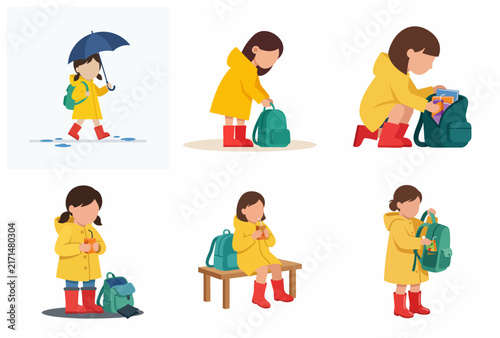 Set of flat vector illustrations featuring a young girl in a yellow raincoat and red boots preparing for school or a rainy day adventure.