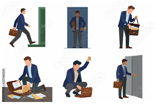 Professional Businessman Illustrations Showing Daily Office Routine and Document Management